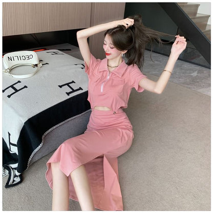 Short Sleeve Half Zip Crop Polo & Slit Midi Pencil Skirt Set