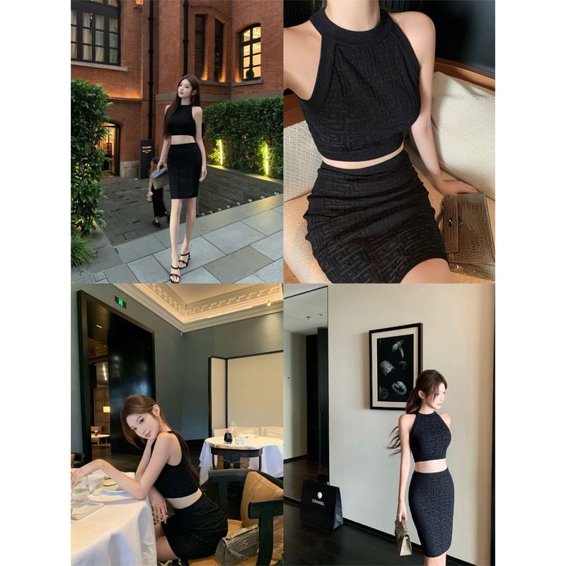 Crew Neck Knit Crop Top + High Waist Mini Pencil Skirt Set
