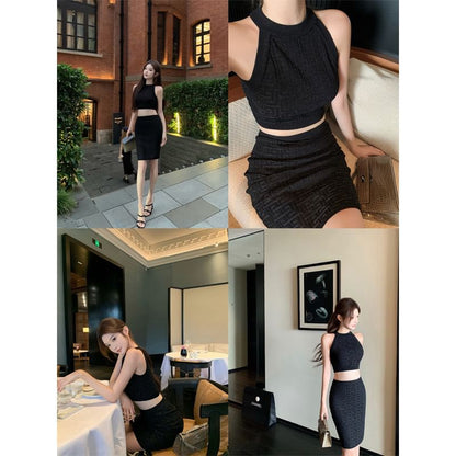 Crew Neck Knit Crop Top + High Waist Mini Pencil Skirt Set