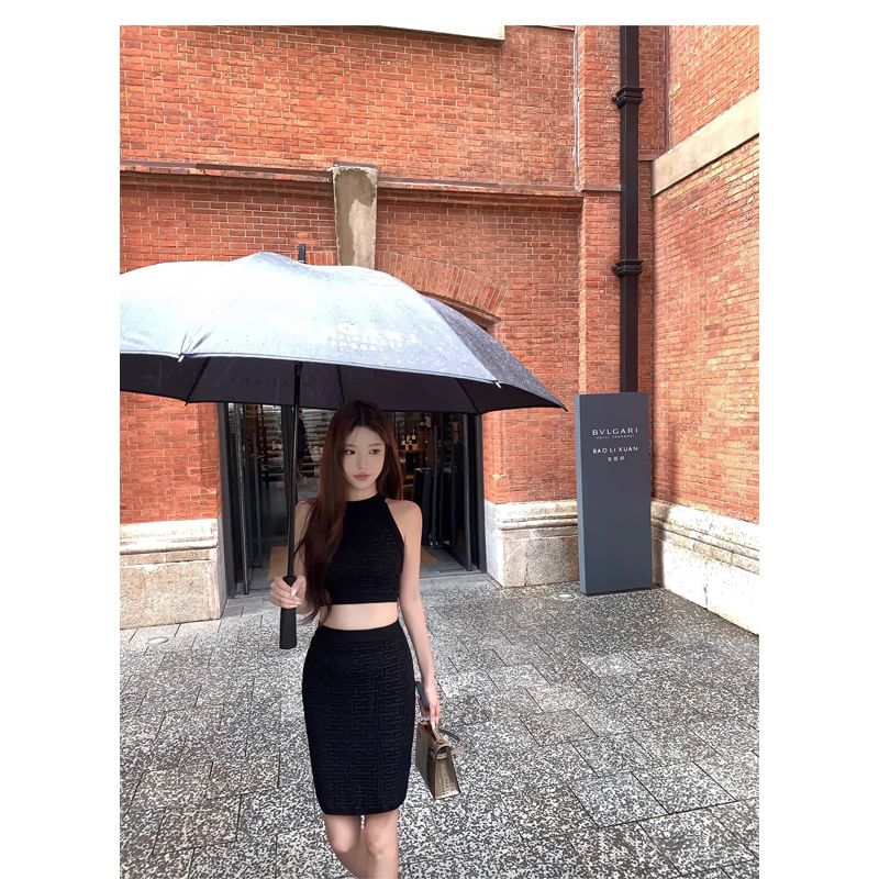 Crew Neck Knit Crop Top + High Waist Mini Pencil Skirt Set