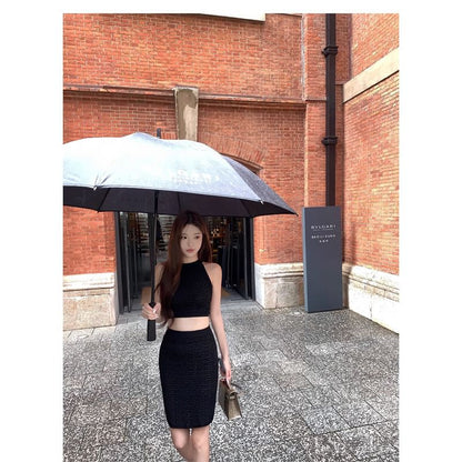 Crew Neck Knit Crop Top + High Waist Mini Pencil Skirt Set