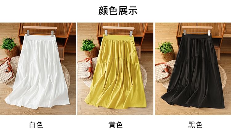 Solid High Waist Midi A-Line Skirt
