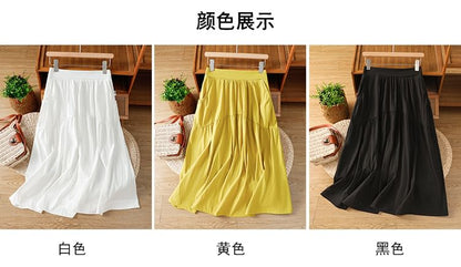 Solid High Waist Midi A-Line Skirt