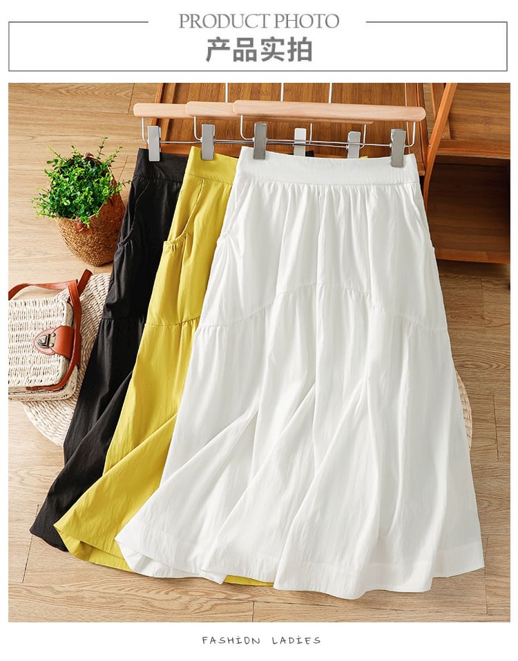 Solid High Waist Midi A-Line Skirt