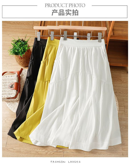 Solid High Waist Midi A-Line Skirt