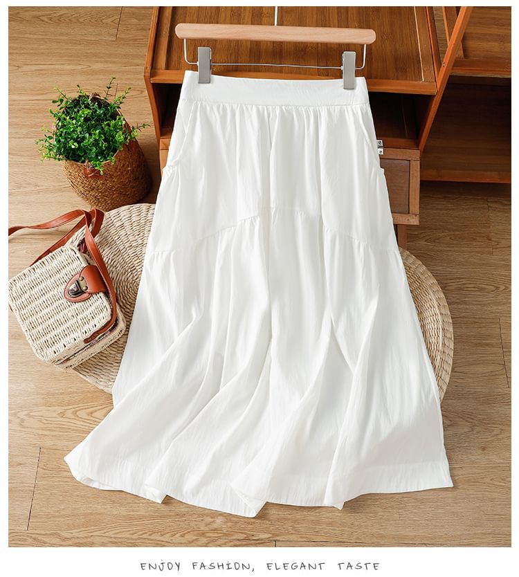 Solid High Waist Midi A-Line Skirt