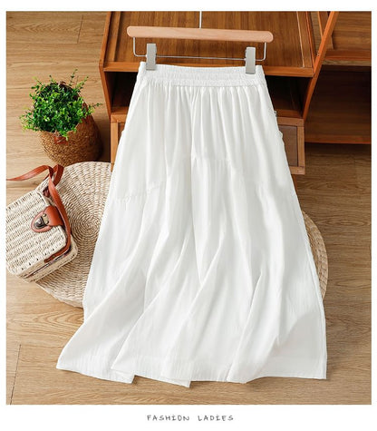 Solid High Waist Midi A-Line Skirt
