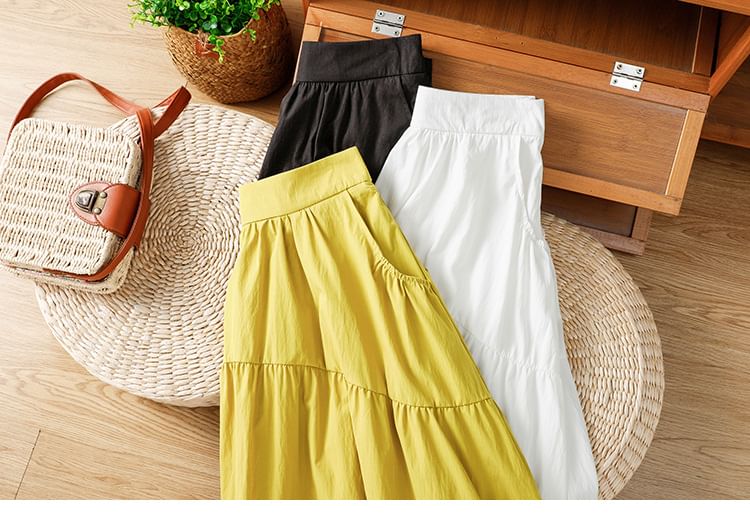 Solid High Waist Midi A-Line Skirt