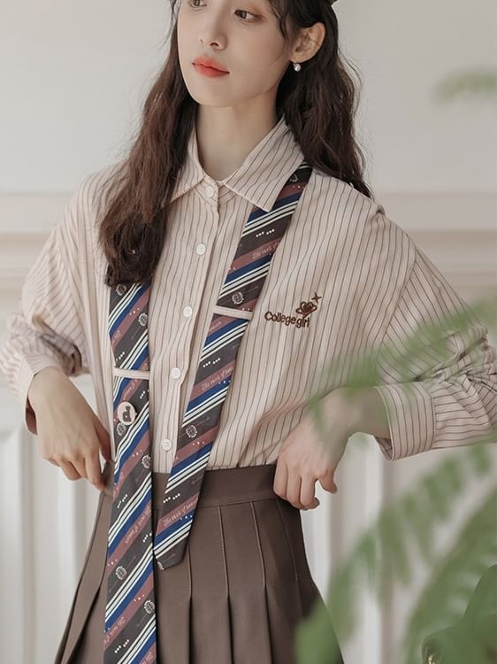 Striped Collared Necktie Shirt and Pleated Mini Skirt