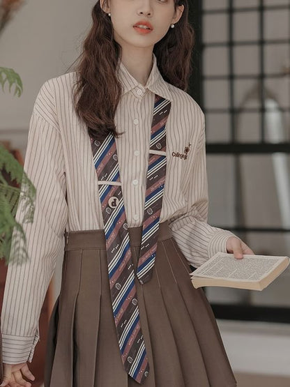 Striped Collared Necktie Shirt and Pleated Mini Skirt