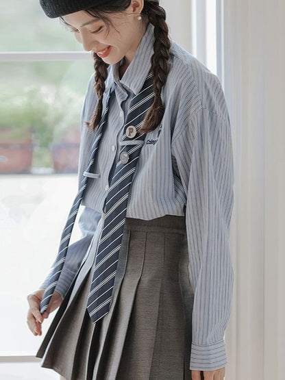 Striped Collared Necktie Shirt and Pleated Mini Skirt