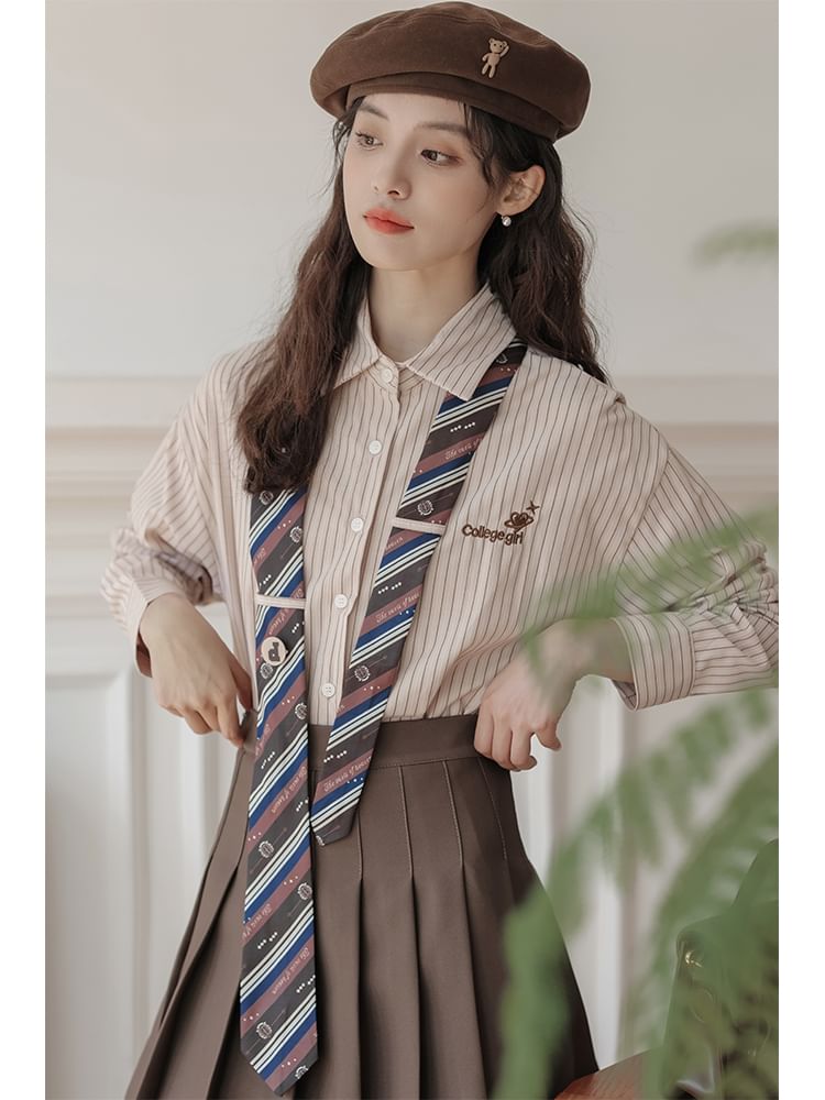 Striped Collared Necktie Shirt and Pleated Mini Skirt