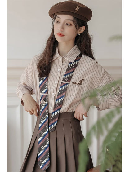 Striped Collared Necktie Shirt and Pleated Mini Skirt