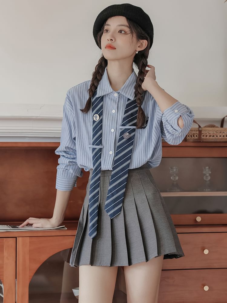 Striped Collared Necktie Shirt and Pleated Mini Skirt