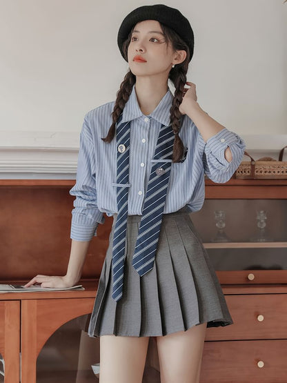 Striped Collared Necktie Shirt and Pleated Mini Skirt