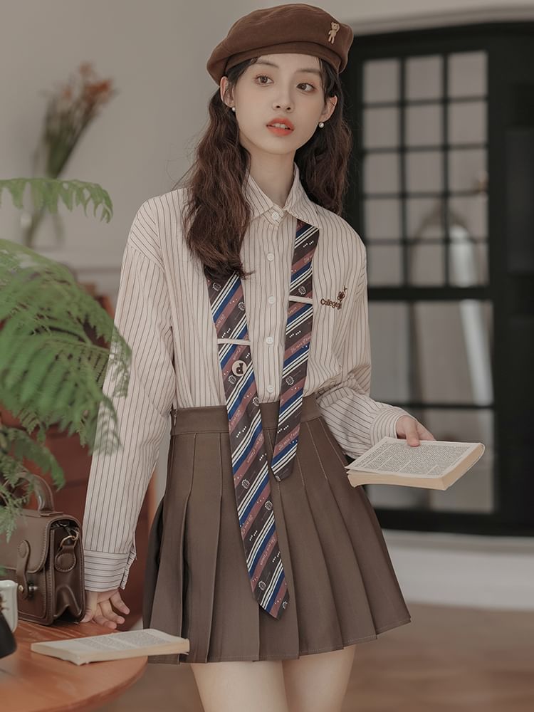 Striped Collared Necktie Shirt and Pleated Mini Skirt