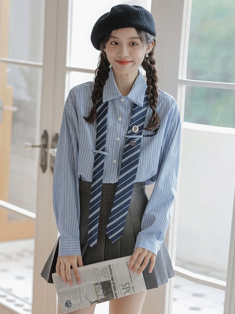 Striped Collared Necktie Shirt and Pleated Mini Skirt