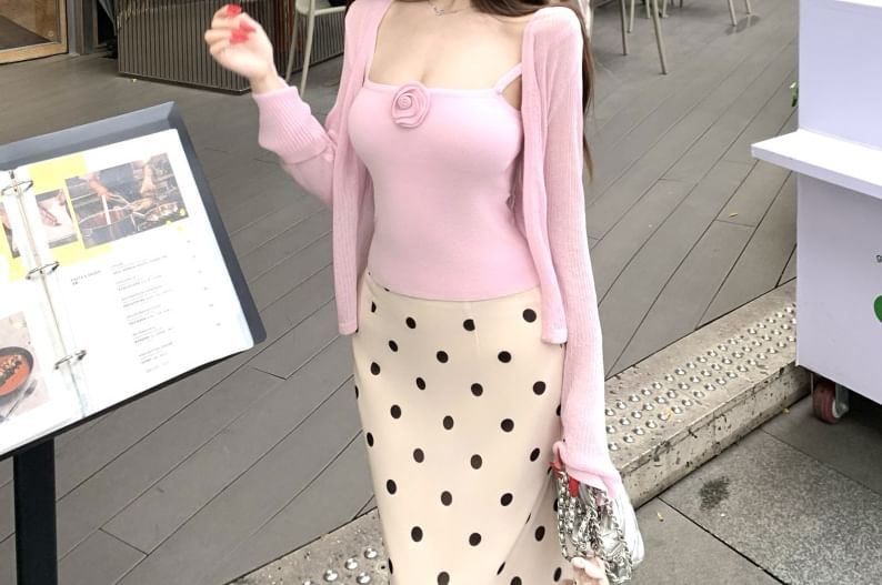 Spaghetti Strap Plain Camisole Top / Plain Cardigan / High Waist Dotted Mini Pencil Skirt (Various Designs)