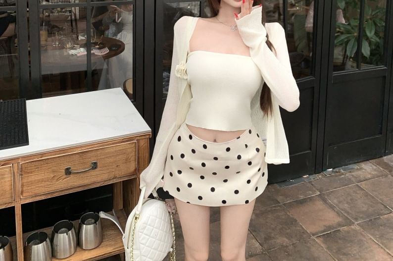 Spaghetti Strap Plain Camisole Top / Plain Cardigan / High Waist Dotted Mini Pencil Skirt (Various Designs)