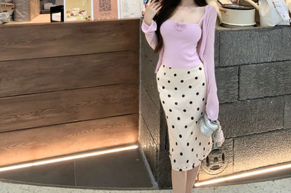 Spaghetti Strap Plain Camisole Top / Plain Cardigan / High Waist Dotted Mini Pencil Skirt (Various Designs)
