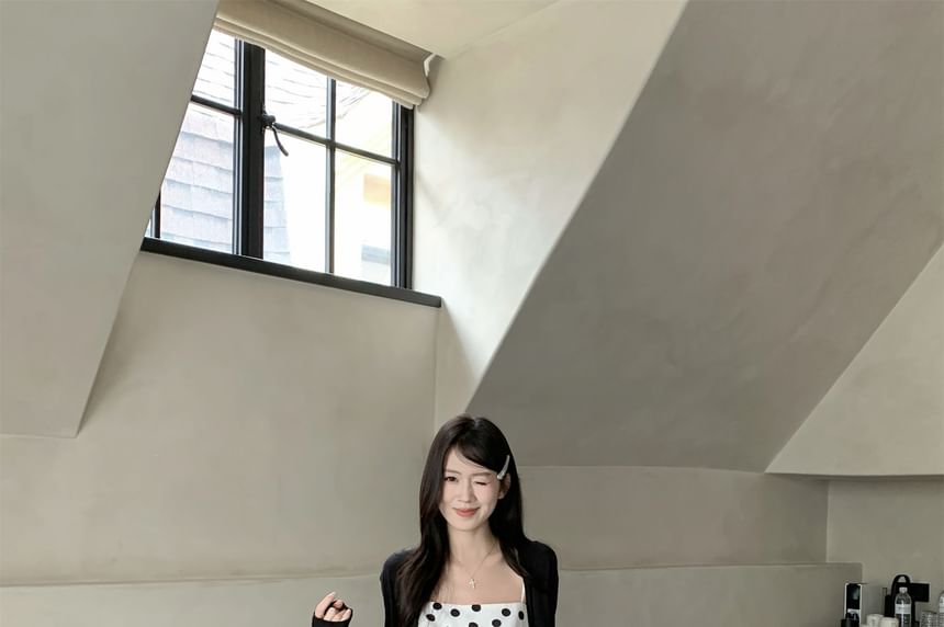 V-Neck Plain Cardigan / Spaghetti Strap Dotted Camisole Top
