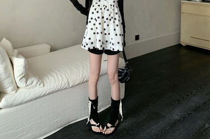 V-Neck Plain Cardigan / Spaghetti Strap Dotted Camisole Top
