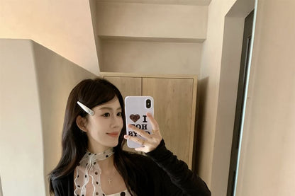 V-Neck Plain Cardigan / Spaghetti Strap Dotted Camisole Top
