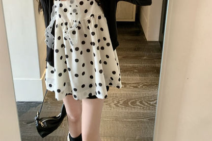 V-Neck Plain Cardigan / Spaghetti Strap Dotted Camisole Top