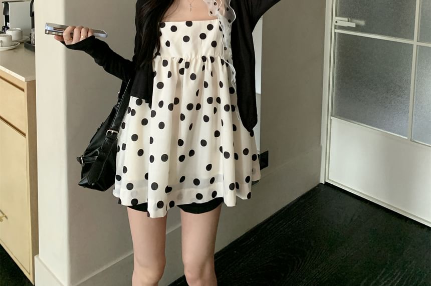 V-Neck Plain Cardigan / Spaghetti Strap Dotted Camisole Top
