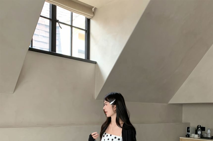 V-Neck Plain Cardigan / Spaghetti Strap Dotted Camisole Top
