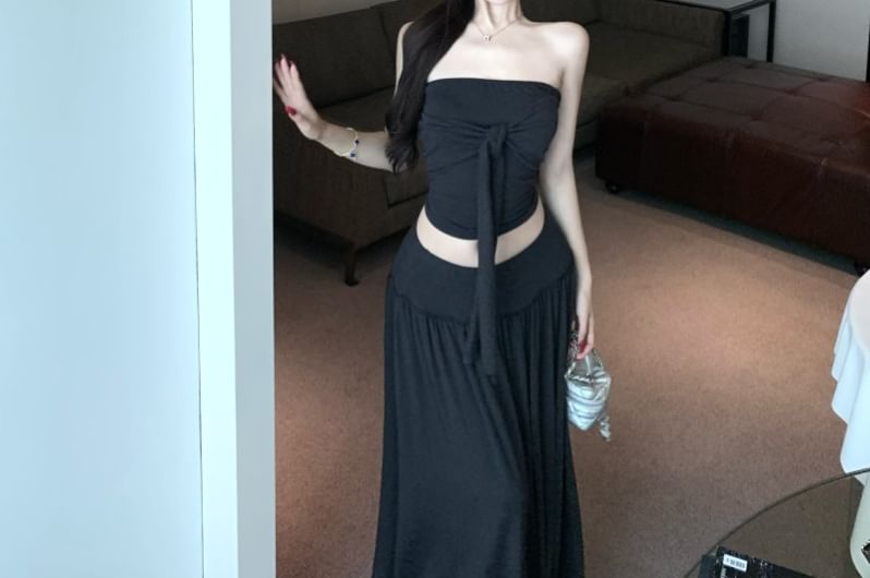 Strapless Crop Tube Top / High Rise Maxi A-Line Skirt