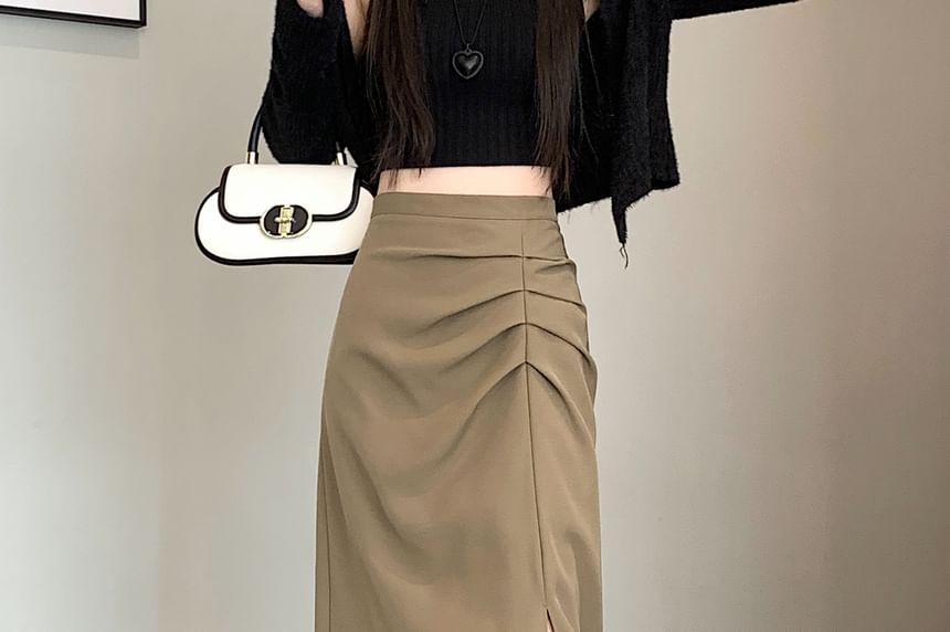 Shirred Slit High Waist Midi A-Line Skirt