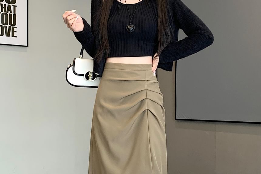 Shirred Slit High Waist Midi A-Line Skirt