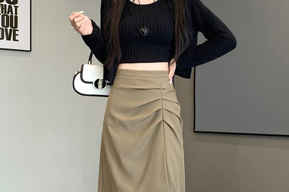 Shirred Slit High Waist Midi A-Line Skirt
