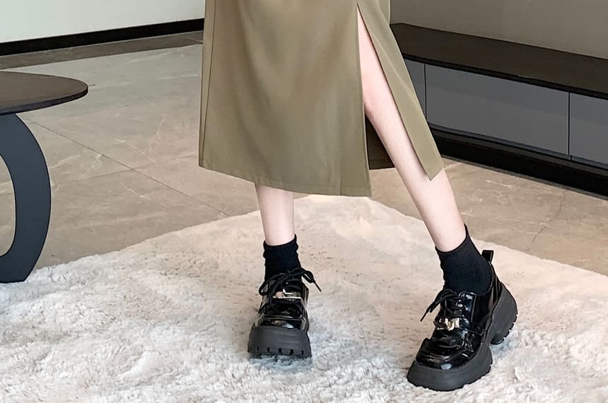 Shirred Slit High Waist Midi A-Line Skirt