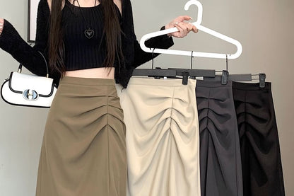 Shirred Slit High Waist Midi A-Line Skirt