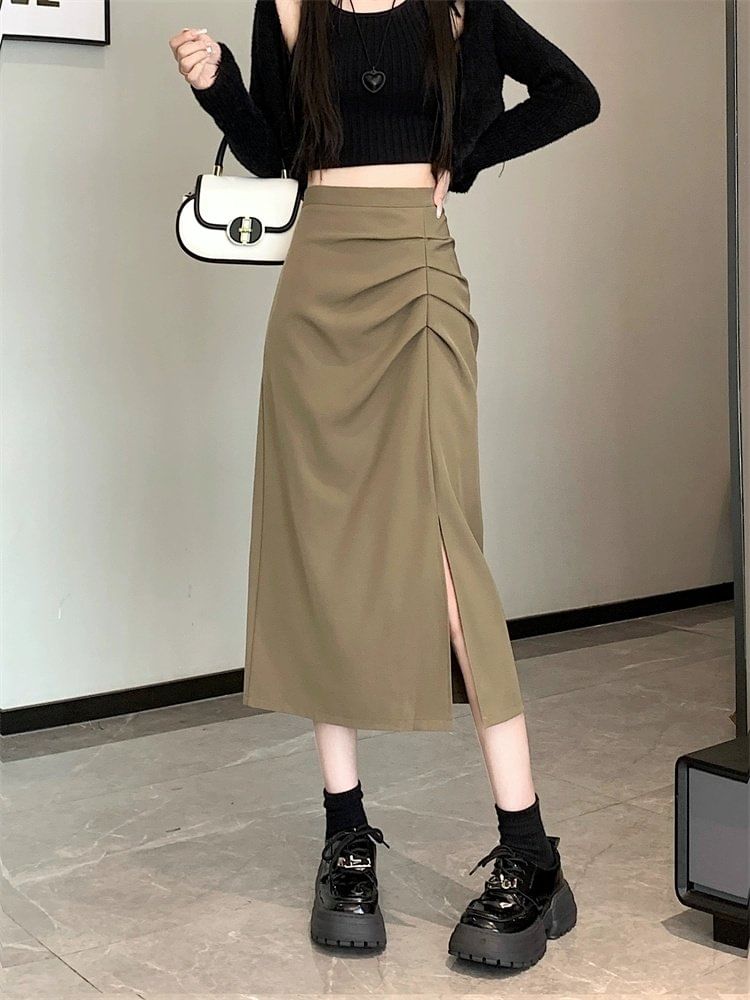 Shirred Slit High Waist Midi A-Line Skirt