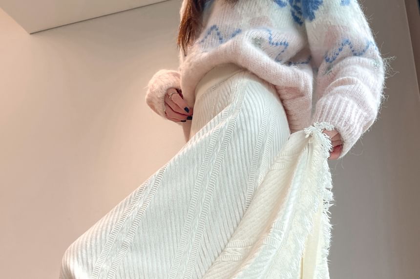 Tassel Trim Midi Knit Skirt