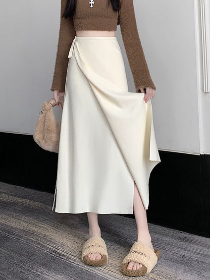 Tie-Side Slit High Rise Midi Knit Skirt