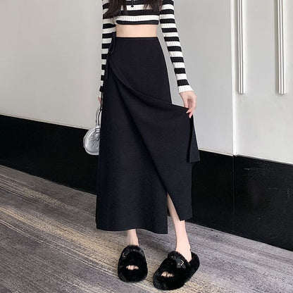 Tie-Side Slit High Rise Midi Knit Skirt