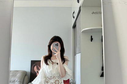 Puff Sleeve Cold Shoulder Lace Blouse & Maxi A-Line Skirt