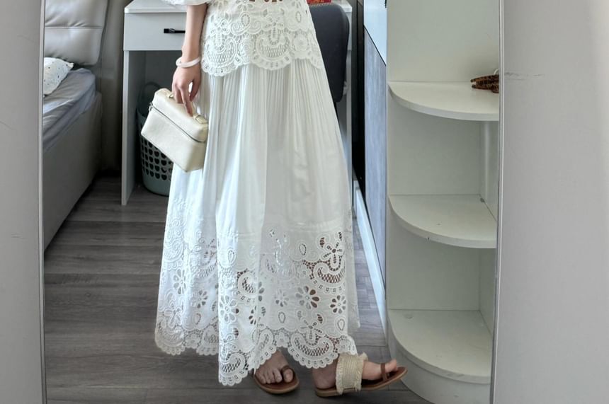 Puff Sleeve Cold Shoulder Lace Blouse & Maxi A-Line Skirt