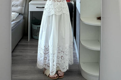 Puff Sleeve Cold Shoulder Lace Blouse & Maxi A-Line Skirt