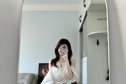Puff Sleeve Cold Shoulder Lace Blouse & Maxi A-Line Skirt