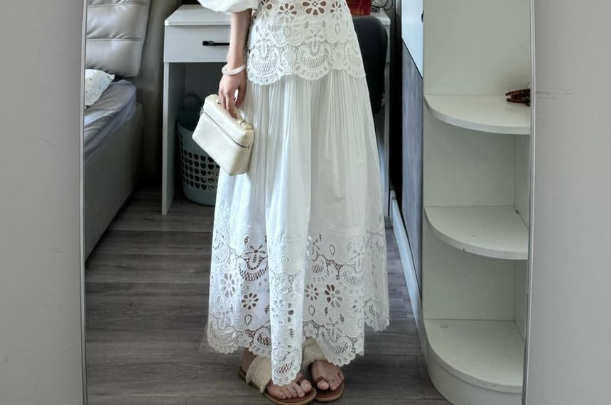 Puff Sleeve Cold Shoulder Lace Blouse & Maxi A-Line Skirt