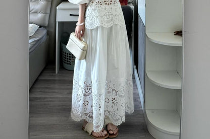 Puff Sleeve Cold Shoulder Lace Blouse & Maxi A-Line Skirt