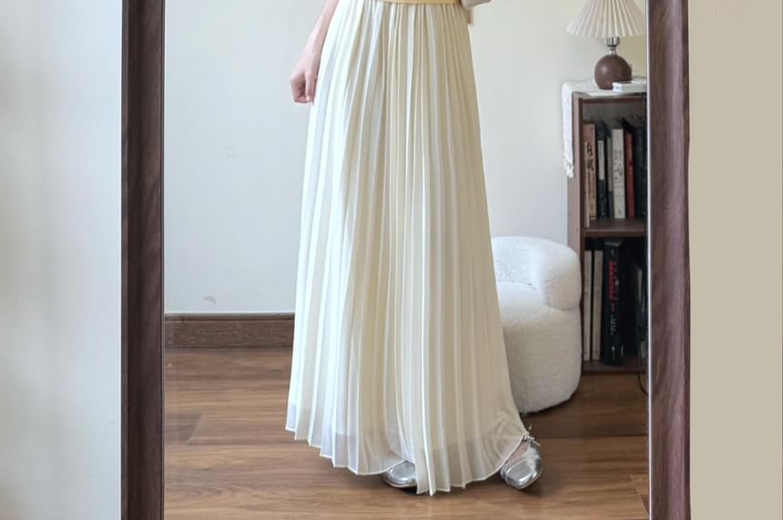 Crew Neck Ribbed Knit Top and Pleated A-Line Maxi Skirt