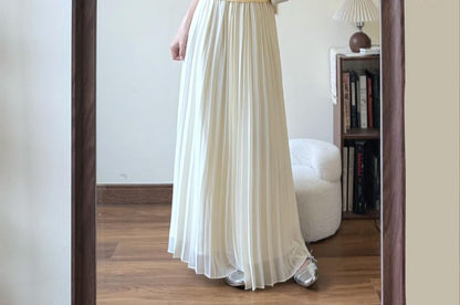 Crew Neck Ribbed Knit Top and Pleated A-Line Maxi Skirt