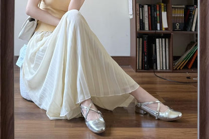 Crew Neck Ribbed Knit Top and Pleated A-Line Maxi Skirt