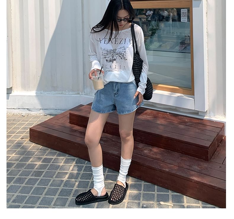 High Waist Washed Denim Shorts